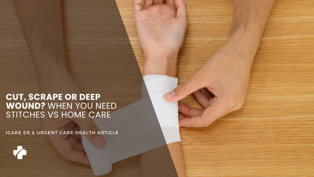 Stitches vs home care guide cover image showing a wrist being wrapped with a bandage